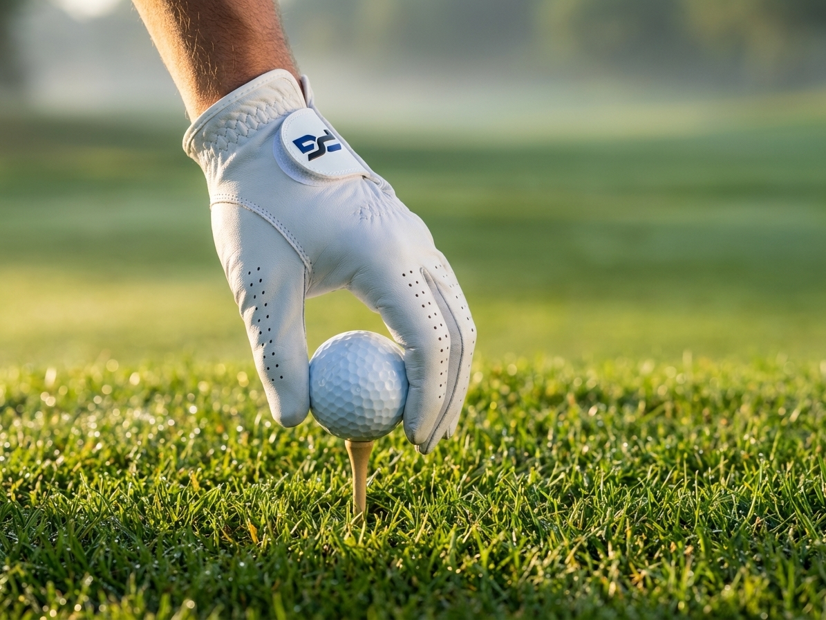 PG Golf glove placing ball on tee at sunrise